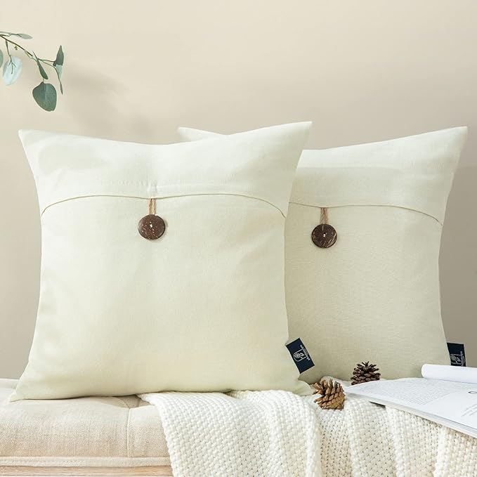 Phantoscope Pack of 2 Farmhouse Throw Pillow Covers Premium Coconut Button Vintage Linen Solid Decorative Pillow Cover for Couch Bed and Chair Off White 18 x 18 inches 45 x 45 cm