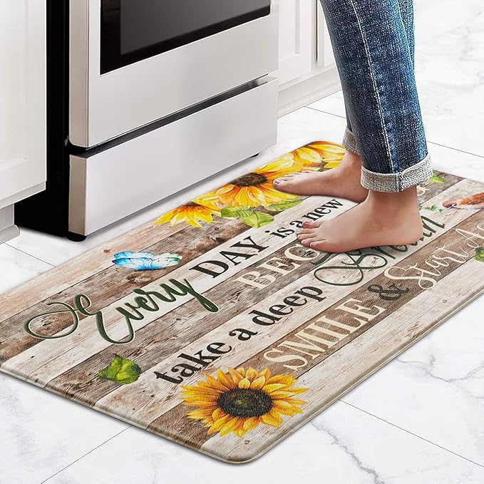Likiyol Sunflower Kitchen Mats for Floor Farmhouse Kitchen Rugs Anti Fatigue Mats for Kitchen Floor, Butterfly Floral Kitchen Rugs Non Slip Washable Kitchen Floor Mats for Home, Sink, 18'' x 30''