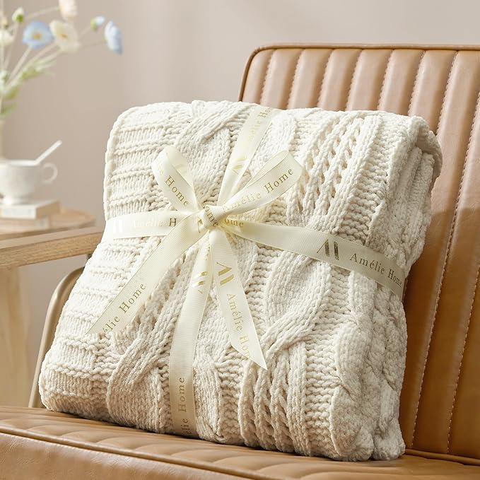 Amélie Home Chunky Knit Throw Blanket, Dual-Sided Soft Chenille Breathable Cable Knitted Blanket for Couch, Farmhouse Decorative Throw for Sofa & Chair, 60"x80", Ivory