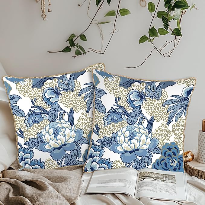 KSLIDS Vintage Floral Soft Velvet Throw Pillow Covers Set of 2 Blue Beige Floral Decorative Pillow Covers 18x18 Inch Chinoiserie Retro Pillow Case for Sofa Couch Bedroom Farmhouse Home Decor