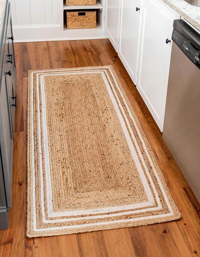Unique Loom Braided Jute Collection Classic Quality Made Natural Hand Woven with Coastal Design Area Rug (2' 6 x 6' 0 Runner, Natural/ Ivory)