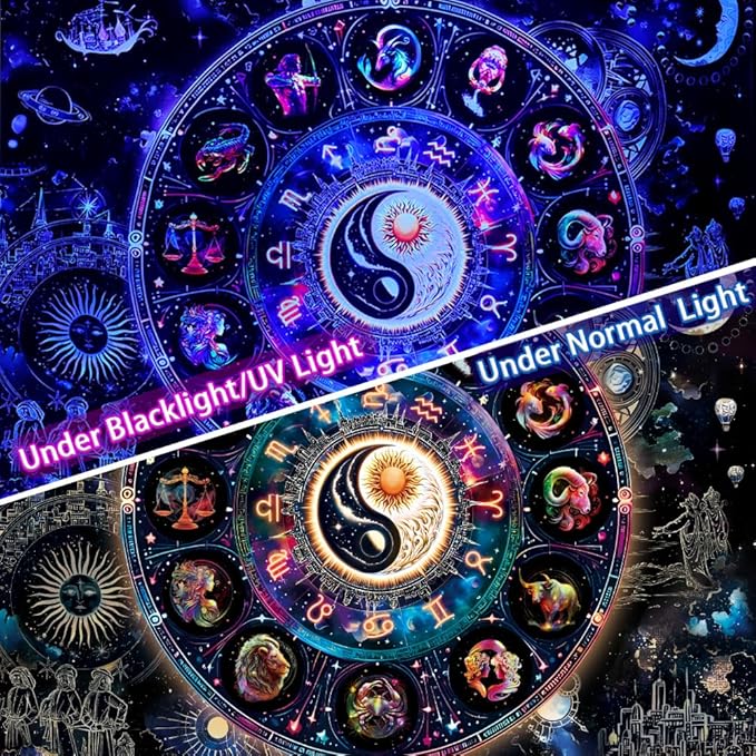Lahasbja Blacklight Constellation Tapestry UV Reactive Sun and Moon Tapestries Spiritual Zodiac Astrology Tapestry Galaxy Backdrop Mystic Yin Yang Wall Hanging for Bedroom