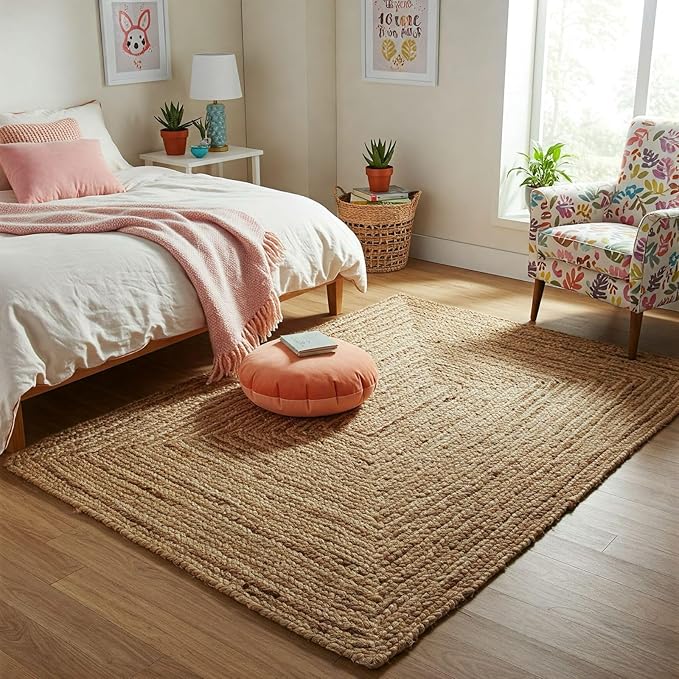 Area Rug 4x6 Braided Jute Floor Mat – Reversible Natural Fiber Accent for Dining Room, Office, or Farmhouse | 48x72 Boho Area Carpet