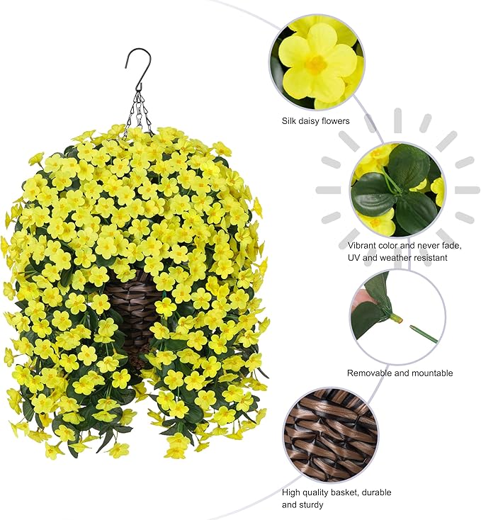 HyeFlora Artificial Fake Hanging Outdoor Flowers Plants Basket, Faux Silk Yellow Daisy Flowers UV Resistant Realistic Hanging Planter Orchid Vines for Outside Porch Patio Home Garden Yard Decoration
