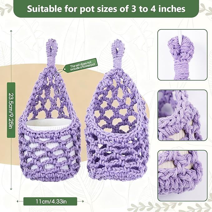 Macrame Wall Plant Hanger, Hanging Planter Basket Holder, Wall Planters for Indoor Plants, for Up to 4 Inch Pot (Purple, 4-Inch)