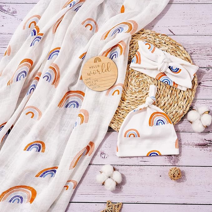 BabyWhale Muslin Swaddle Blanket with Hat and Headband Bow, Rainbow Pattern Swaddle Set for Baby Boys ＆ Girls, Newborn Soft Breathable Unisex Receiving Blanket Wrap, 47x47 inches