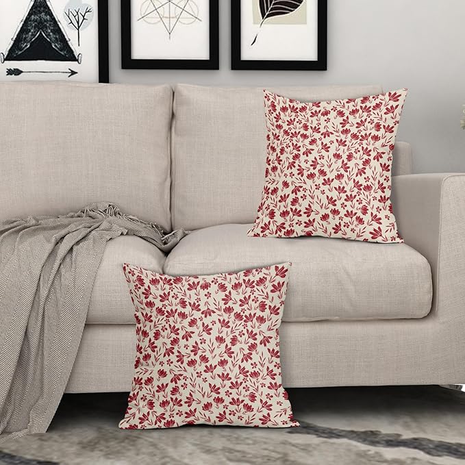 Red Floral Pillow Covers 18x18 Set of 2 Vintage Rustic Old Style Cute Small Flower Red Cream Print Decorative Outdoor Pillowcases Farmhouse Throw Cushion Case Decor for Couch Sofa Bed