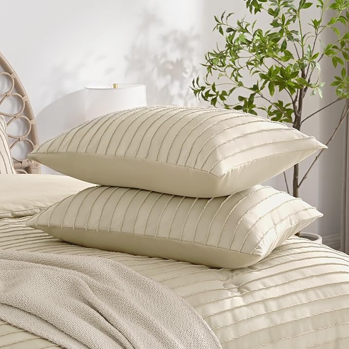 JELLYMONI Pillowcases Standard Size Light Sand 2 Pack Boho Striped Bed Pillow Covers 20x26in Polyester Envelope Pillow Shams Tufted Bohemian Textured (Pillows are not Included)