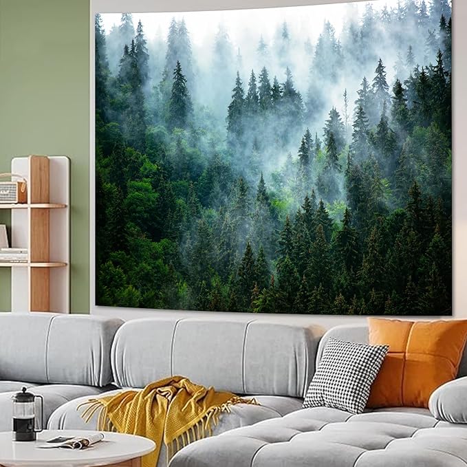 Atrippy Misty Forest Tapestry for Bedroom, Nature Mist Foggy Landscape Wall Tapestry Hanging, Green Trees Wall Art Vintage Retro Room Decor for Living Room College Dorm 51x60 Inches