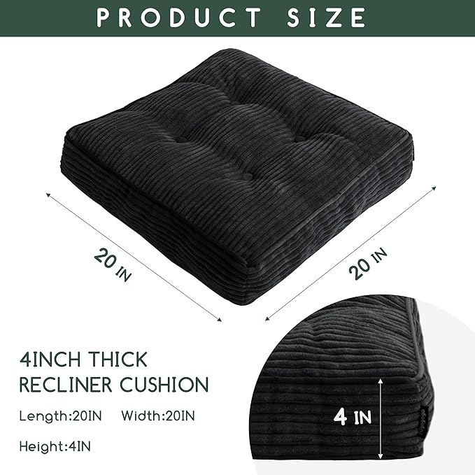 HIGOGOGO Tufted Corduroy Recliner Seat Cushion for Elderly, High Density Foam Large Square Seat Cushion for Recliner Chair, Floor Pillow, Office Chair, Car, No Pressure on Thighs, 20x20x4