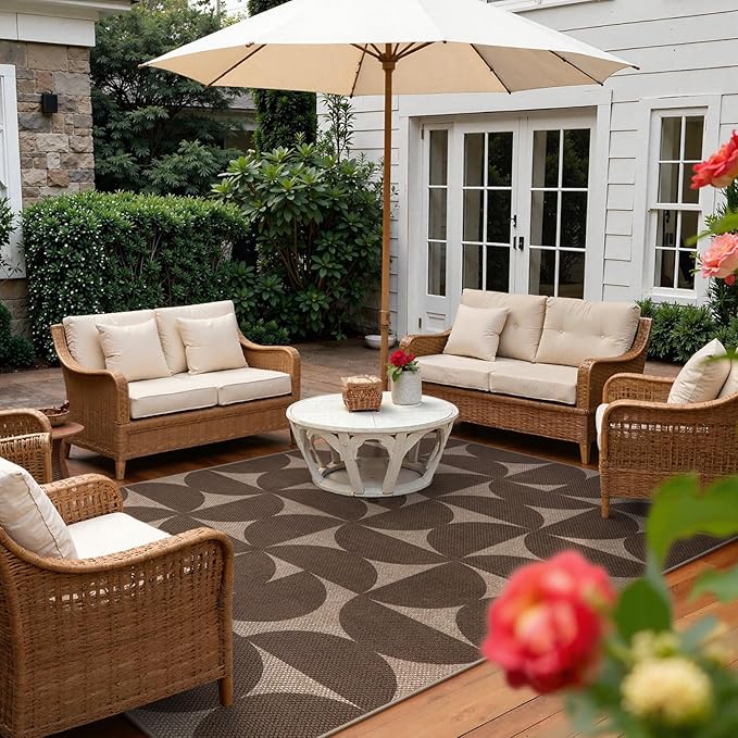 Lahome Modern Geometric Easy Jute Outdoor Rugs for Patio 5x7, Brown Washable Carpet for Living Room, Neutral Semi-Circle Thin Rug for Bedroom Office Entrance Porch Non Slip
