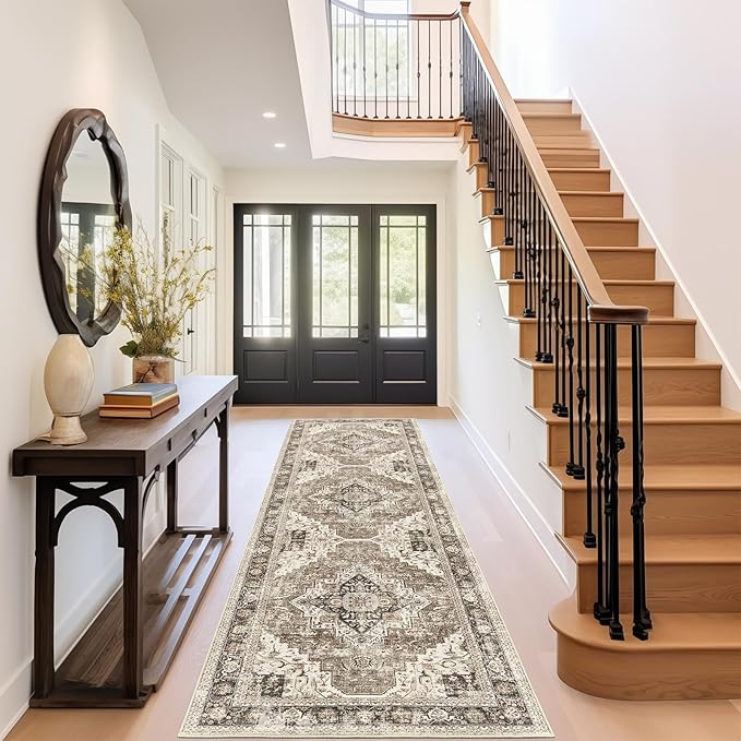 Washable Runner Rug 2.6x8 Runners for Hallways, Ultra-Thin Carpet Runners for Entryway Anti Slip Backing Runner Rugs for Kitchen Laundry Room Indoor Hallway (Brown/Beige)