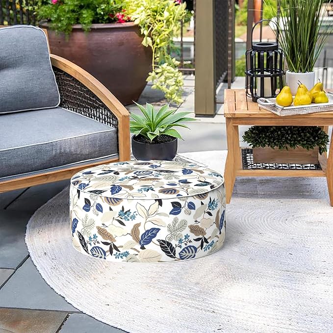 Indoor/Outdoor Inflatable Ottoman D21 x H9 inch, Round Footstool Inflatable Foot Rest Ottoman with Handle, Portable Ottomans Pouf for Patio, Garden, Camping, Home, Breeze Leaves Beige