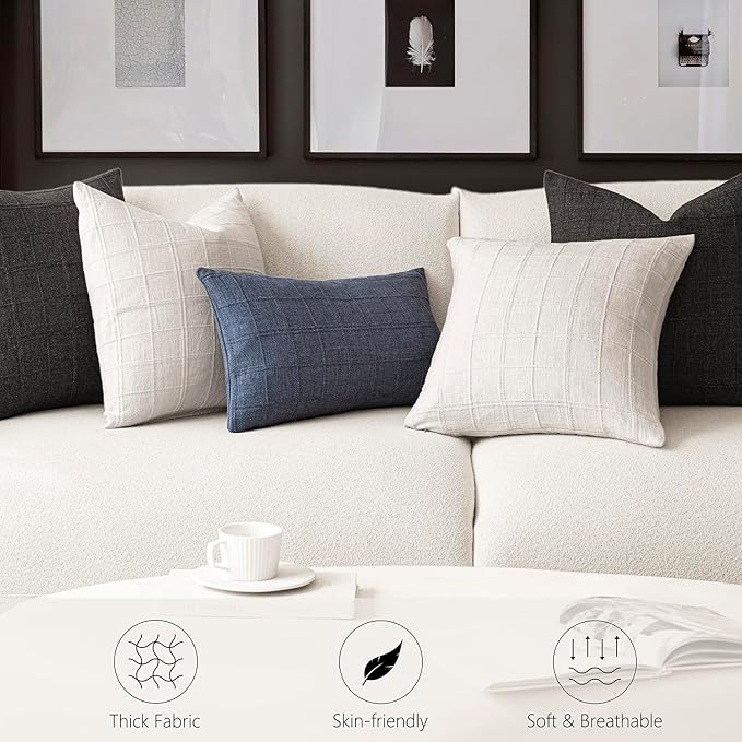 Foindtower Set of 2 Decorative Linen Check Throw Pillow Covers Neutral Farmhouse Vintage Cushion Covers Modern Boho Home Decor for Sofa Chair Couch Bedroom Living Room,16×16 Inch,Cream White