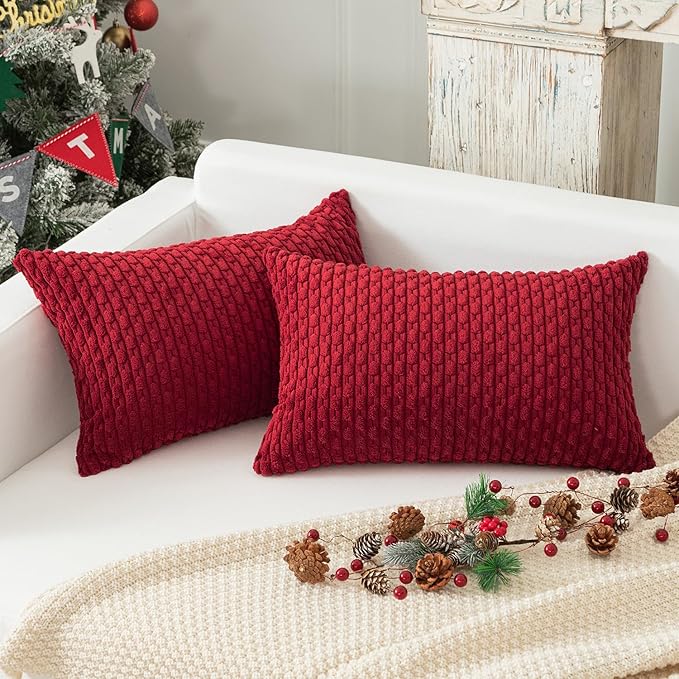 Kevin Textile Valentines 12x20 Inch Pillow Cover 1 Pack Boho Decorative Soft Striped Corduroy Lumbar Farmhouse Color Accent Rectangle Cushion Case for Living Room Couch Sofa Bed, Burgundy