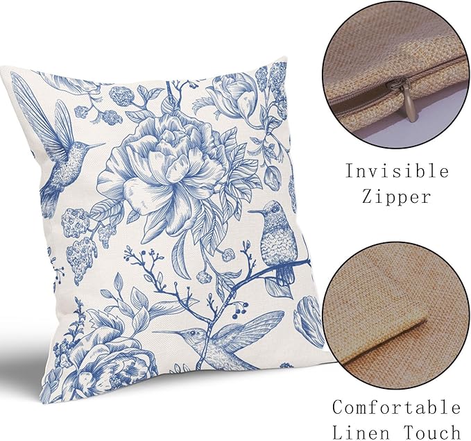 Chinoiserie Blue White Floral Pillow Covers 18X18 Inch French Country Vintage Flowers Bird Decorative Pillow Cases Set of 2 Seasonal Cotton Linen Throw Pillows Farmhouse Home Decor For Sofa Couch