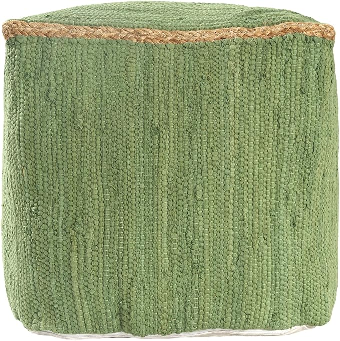 LR Home Green Bordered Hand-Loomed Cotton Blend Cube Pouf with Jute Braid for Home Decor | Transitional Foot Rest for Bedroom & Living Room | 18 x 18 x 18 Stuffed Ottoman Ottoman
