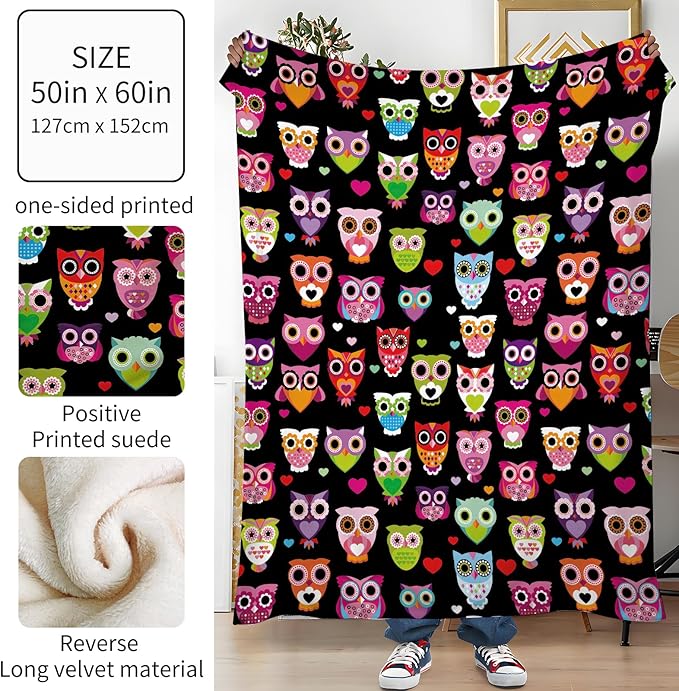 Throw Blanket for Couch, 300GSM Warm Soft Cozy Flannel Blanket, Cute Blanket for All Seasons Bedroom Home Decor Gifts, Colorful Boho Owls 50x60 Inches