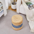 Wimarsbon 2Pcs Pouf Ottomans, Natural Seagrass Foot Stool, Hand Weaving Round Ottoman, Boho Decorative Seat, Jute Braided Pouffe Poof Accent Sitting Footrest for Living Room (Blue-2)
