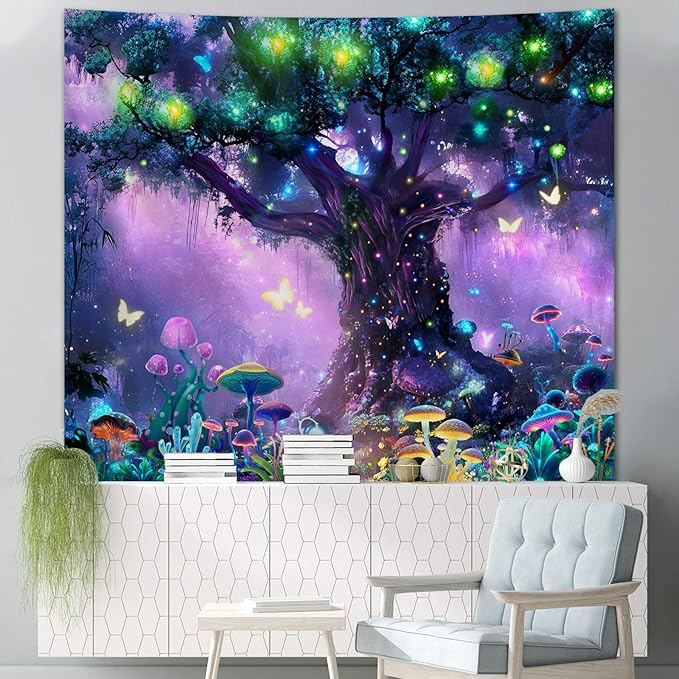 Atrippy Blacklight Fantasy Forest Poster Tapestry for Bedroom, Black Light UV Nature Tree of Life Tapestries Wall Hanging, Magical Mushroom Butterfly Backdrop for Living Room Dorm Decor 51x60 Inches