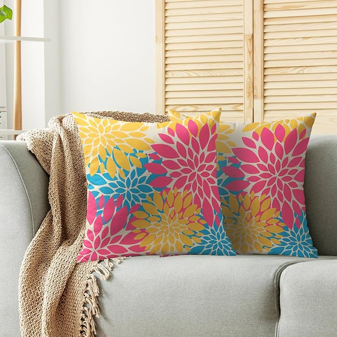 Summer Pillow Covers 18X18 Inch Set of 2, Hot Pink Blue Yellow Flowers Dahlia Floral Print Decorative Throw Pillow Covers Outdoor Farmhouse Cushion Case for Home Couch Sofa Bed Decoration