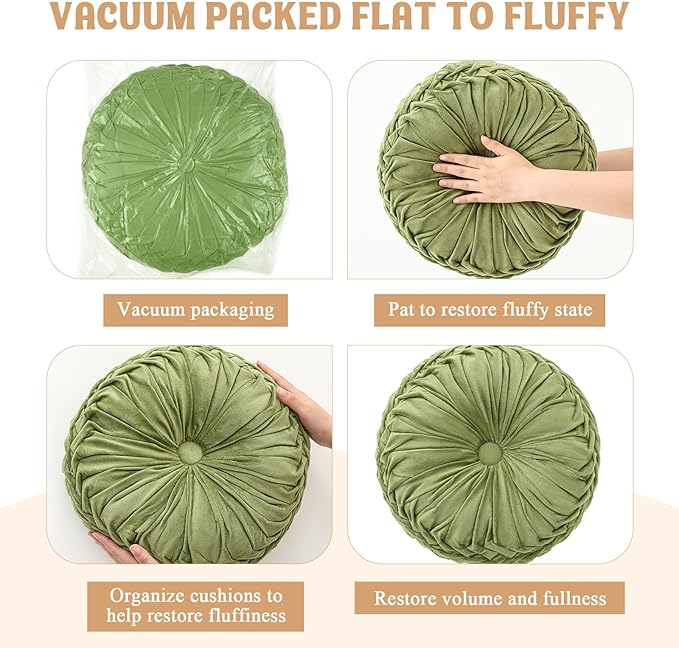 Round Throw Pillows Decorative Pleated Throw Pillows 15'' Diameter Accent Pumpkin Boho Chair Cushion for Couch Sofa Home Decoration(Olive Green,2 Pcs)