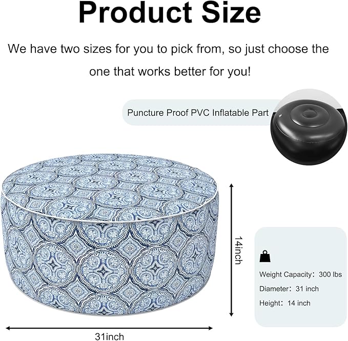 Inflatable Ottoman Stool D31 xH14 for Outdoor/Indoor Use, Water Repellent Patio Foot Rest Stool with Portable Handle,Round Pouf Ottoman Suitable for Garden,Deck and Camping - Medallion Blue