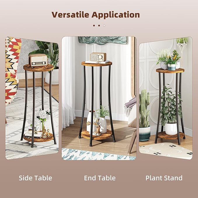 2-Pack Plant Stand Indoor Outdoor, 2-Tier Round Flower Pot Holder with Rustic Brown Finish, Corner Plant Shelf for Balcony, Garden, Patio or Living Room