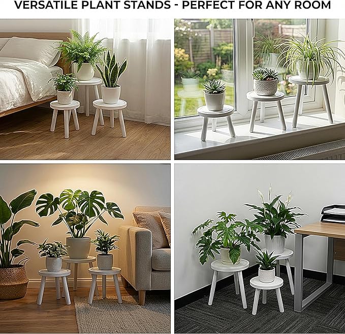 3-Pack Wood Plant Stands Indoor, Single Plant Stand for 6-12 Inch Pots, Mid-Century Modern Plant Stool, Tall Plant Stand for Large Plants for Living Room, Balcony, Office (White)