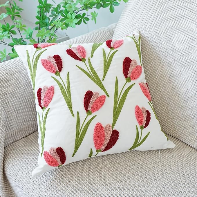 vctops Tulip Floral Embroidered Pillow Covers 18x18 Inch Spring Summer Cotton Tufted Throw Pillow Cover Outdoor Garden Cushion Case for Sofa, Bed, Living Room (Flower E,18"x18")