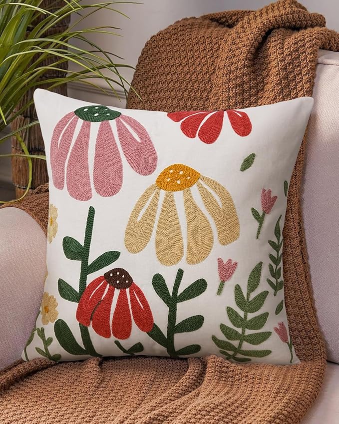 JASEN Embroidered Floral Boho Throw Pillow Cover 18x18 Inch - Decorative Cotton Pillow Case for Couch, Sofa, Bedroom, Living Room - Farmhouse Home Aesthetic Housewarming Gifts (Floral, 18" x 18")