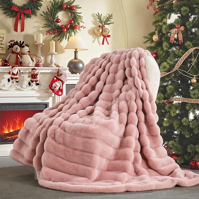NEXHOME PRO Faux Fur Throw Blanket Pink, Luxury Soft Decorative Cozy Plush Long Shaggy Fluffy Blanket for Sofa Couch Bed Living Room, Reversible Puffy Thick Warm Blanket for Winter, 50"X60"