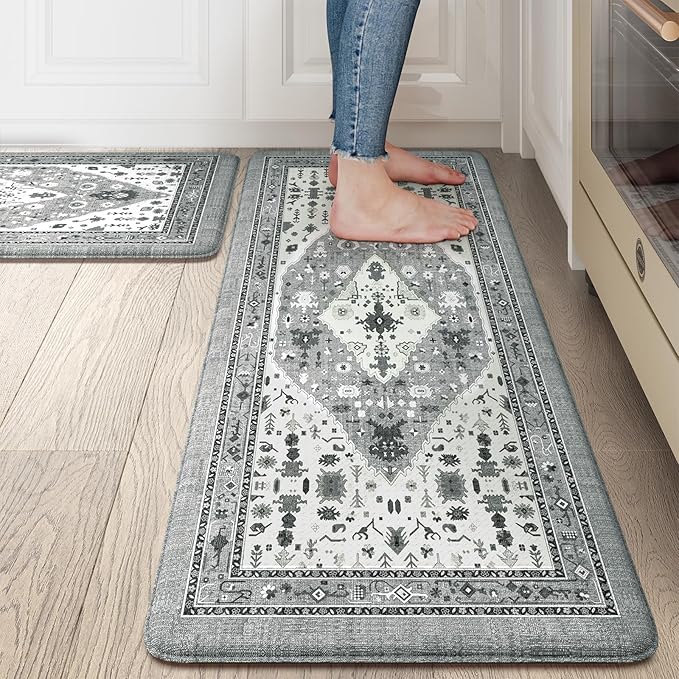 Collive Boho Kitchen Rugs and Mats 2PCS, Cushioned Anti Fatigue Kitchen Mats for Floor Waterproof Non Slip Comfort Foam Standing Mat for Kitchen,Office,Sink,Laundry,17.3''x29''+17.3''x47''