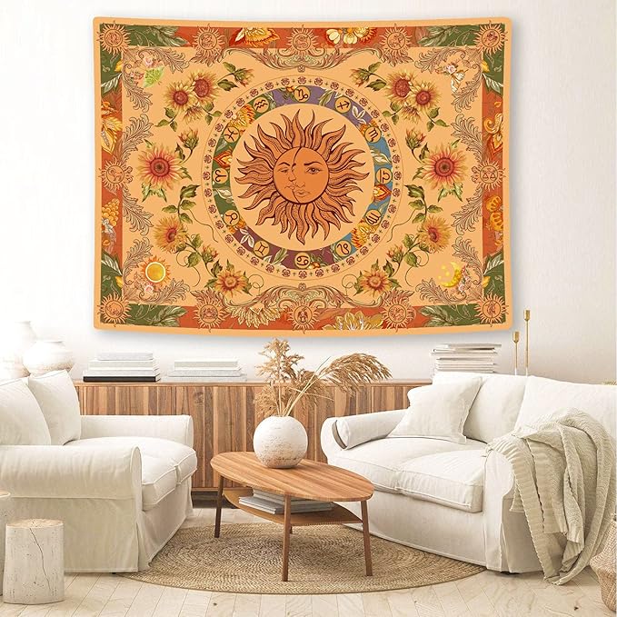 Accnicc Yellow Sun and Moon Tapestry Vintage Indie Boho Tapestry Wall Hanging with Sunflowers Butterfly Moth Constellation Aesthetic Wall Tapestries for Bedroom Dorm Living Room (Orange, 48'' × 36'')