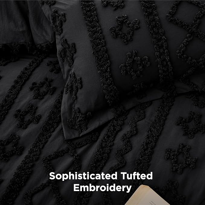 Bedsure Tufted Boho Comforter Set King Size - Black Boho Bed Set, GentleSoft™ 3 Pieces Farmhouse Shabby Chic Embroidery Bedding, Gifts for Woman, Soft Jacquard King Comforter for All Seasons