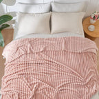 NEWCOSPLAY Super Soft Queen Blanket Pink Premium Silky Flannel Fleece 3D Ribbed Jacquard Lightweight Bed Blanket All Season Use (Pink Ribbed, Queen(90"x90"))