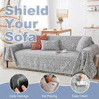 VClife Boho Gray White Couch Cover Plush Soft Chenille Couch Cover for 3-4 Cushion Couch Sofa, 1 PC Washable Breathable Bohemian Sofa Cover for Sectional Couch Thick Furniture Protector 71" x 150"