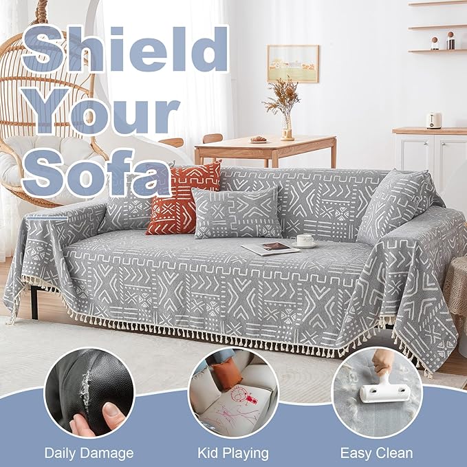 VClife Boho Gray White Couch Cover Plush Soft Chenille Couch Cover for 3-4 Cushion Couch Sofa, 1 PC Washable Breathable Bohemian Sofa Cover for Sectional Couch Thick Furniture Protector 71" x 150"