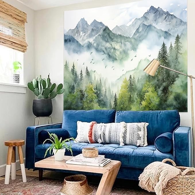 Atrippy Forest Nature Tapestry for Bedroom, Green Misty Foggy Mountain Sage Trees Wall Tapestry, Landscape Aesthetic Room Decor Wall Hanging for Living Room Dorm 51x60 Inches