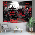 Anime Samurai Tapestry, Cool Red and Black Medieval Fantasy Dragon Tapestry Wall Hanging for Men, Mountain Forest Nature Sunset Dark Asia Japanese Tapestries Aesthetic for Living Room College, 40X30