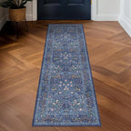Non Slip 2x10 Dark Blue Hallway Runner - 10ft Long Runner Rugs, Washable Kitchen Floor Mat - Vintage Navy Floral Design Décor