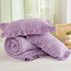 WONGS BEDDING Purple Comforter Set Queen,3 Pieces Ruffle Farmhouse Shabby Chic Comforter for Queen Bed,Soft Seersucker Textured Boho Bedding Set with 1 Ruffle Comforter,2 Tufted Pillowcases 90"×90"