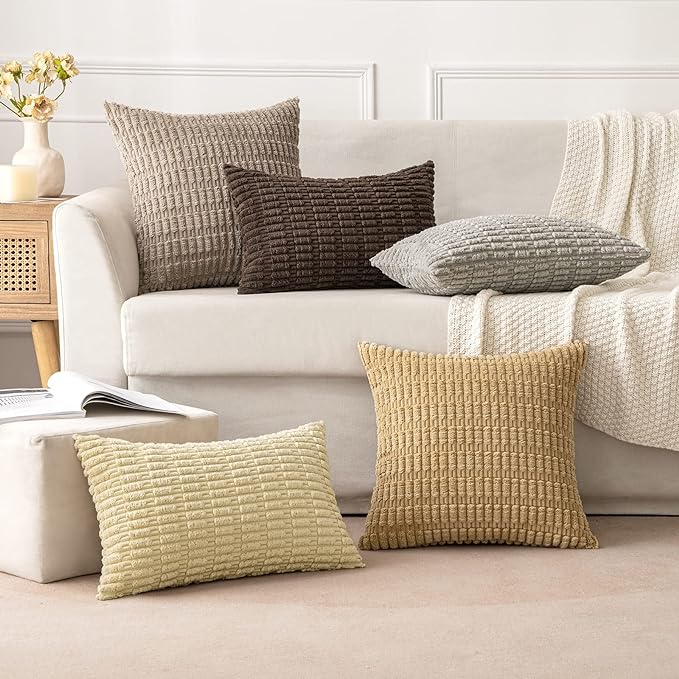 MIULEE Pack of 2 Corduroy Decorative Throw Pillow Covers 20x20 Inch Soft Boho Striped Pillow Covers Modern Farmhouse Home Decor for Sofa Living Room Couch Bed Light Brown