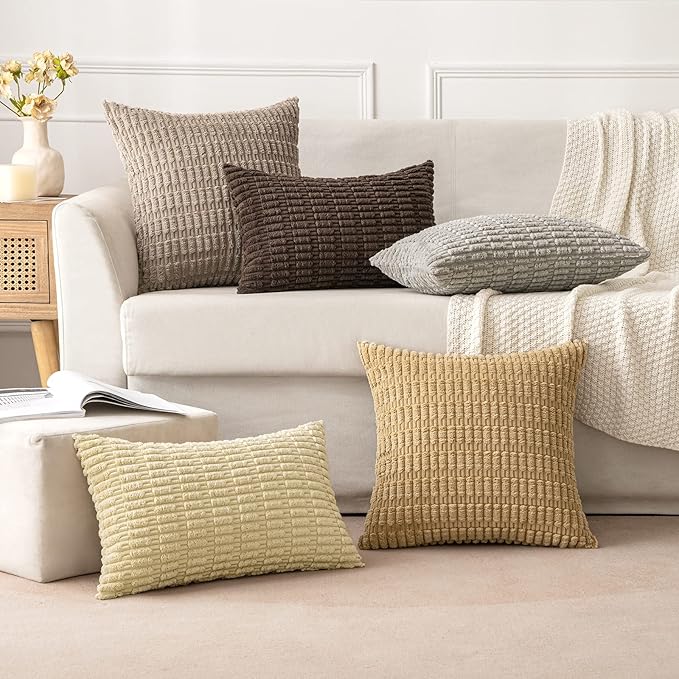 MIULEE Pack of 2 Corduroy Decorative Euro Sham Throw Pillow Covers 26x26 Inch Soft Boho Striped Pillow Covers Modern Farmhouse Home Decor for Sofa Living Room Couch Bed Light Brown