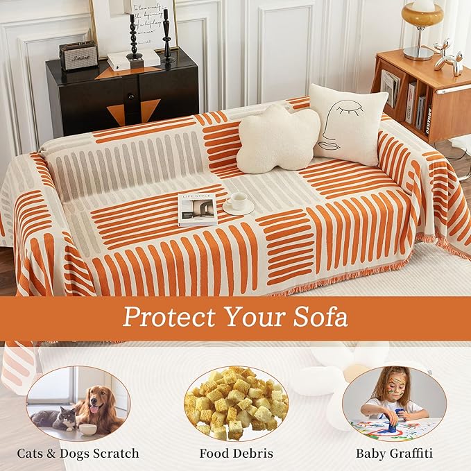 ROOMLIFE Chenille Couch Cover Minimalist Anti-cat Scratch Soft Chenille Sofa Towel Blanket Four Season Use Dust-Proof Sofa Towel Blanket,Pet Furniture Protector, Orange 71"x150"
