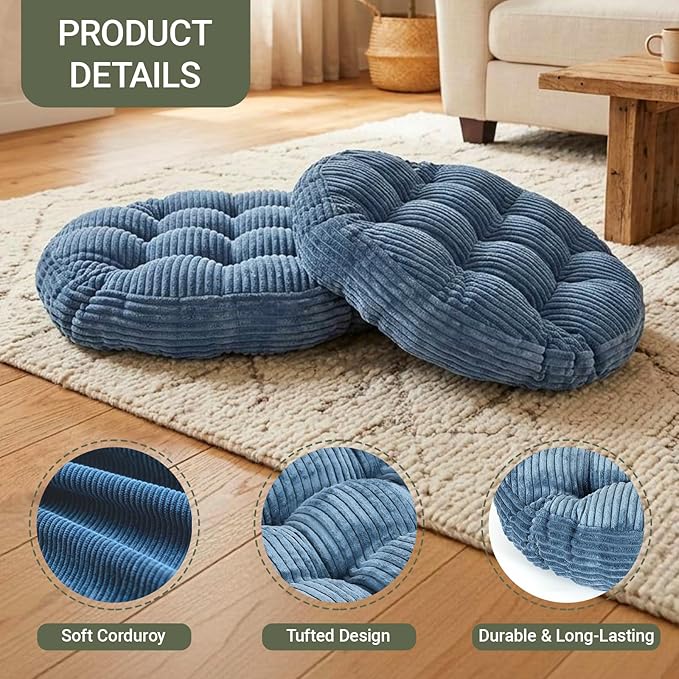 Large Floor Pillow for Adults, 22x22" Memory Foam Floor Cushion with Corduroy Cover, Round Floor Sitting Cushions for Meditation, Lounge,Seating for Yoga, Tatami Living Room (2, Round-Navy Blue)