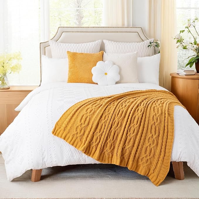 Battilo Mustard Yellow Throw Blanket 51"x67" Chenille Knitted Throw Blanket for Couch, Gold Throw Blankets for Home Decor, Summer Fall Decor Blanket