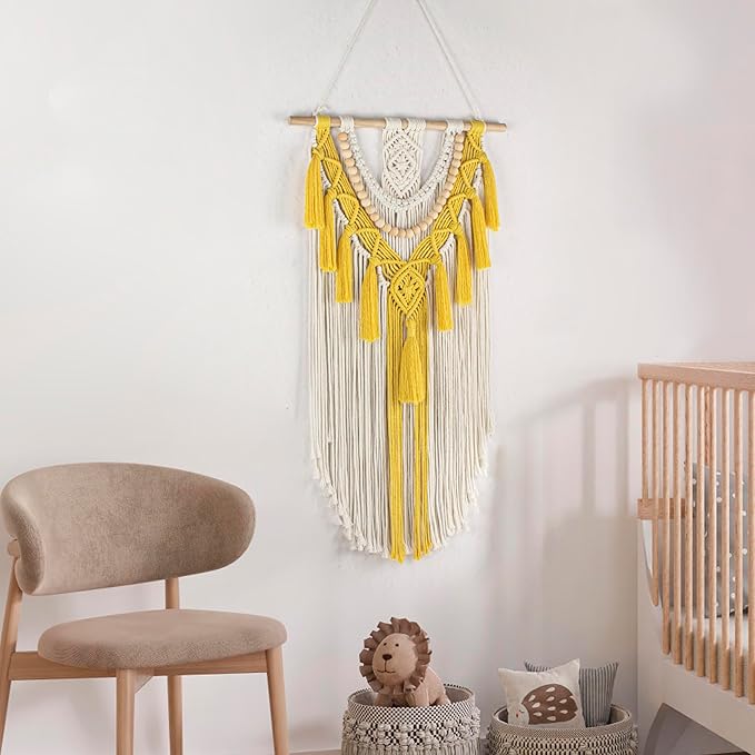 HVEST Yellow Macrame Wall Hanging Boho Tapestry Wall Art Decor,Handmade Woven Bohemian Tapestry with Tassel Craft Ornament Aesthetic Wall Decoration for Bedroom Living Room Apartment Nursery Backdrop