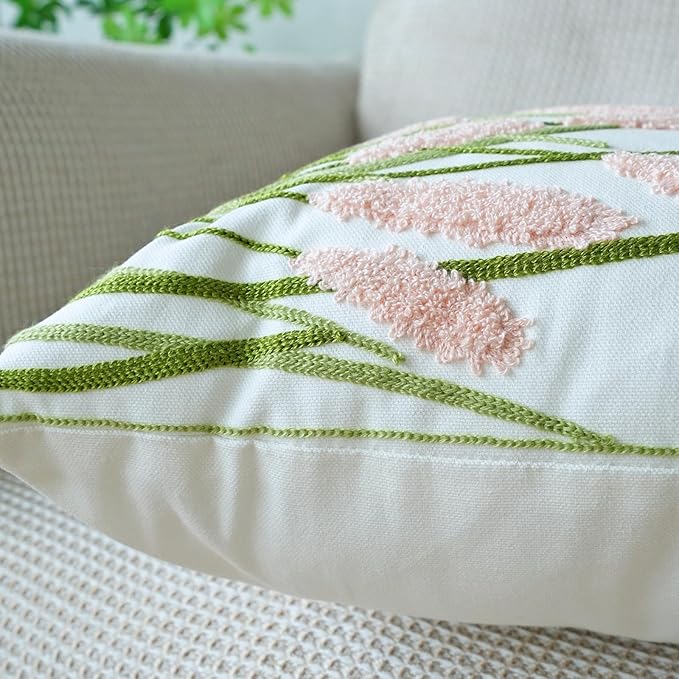 vctops Farmhouse Pampas Grass Cotton Tufted Throw Pillow Cover Boho Embroidery Pillowcase Soft Square Cushion Case for Sofa Couch Bed Chair (Light Pink,18"x18")