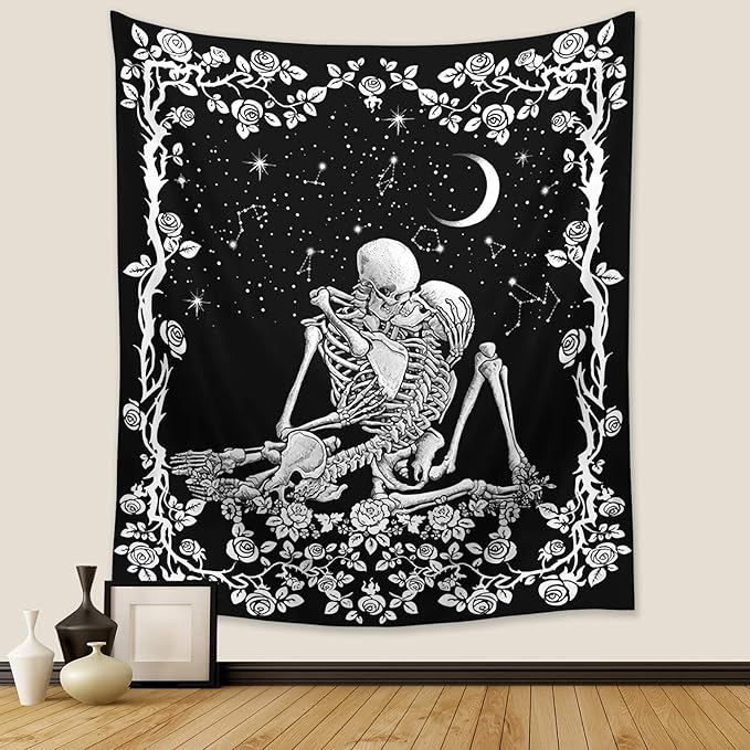 Wonrizon The Kissing Lovers Skull Tapestry,Black and White Romantic Constellation Skeleton Tapestries Wall Hanging decor for Living Room Bedroom (70.9" x 94.5")